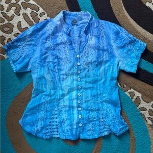 La Cotonniere Blue Embroidered Button Down Top